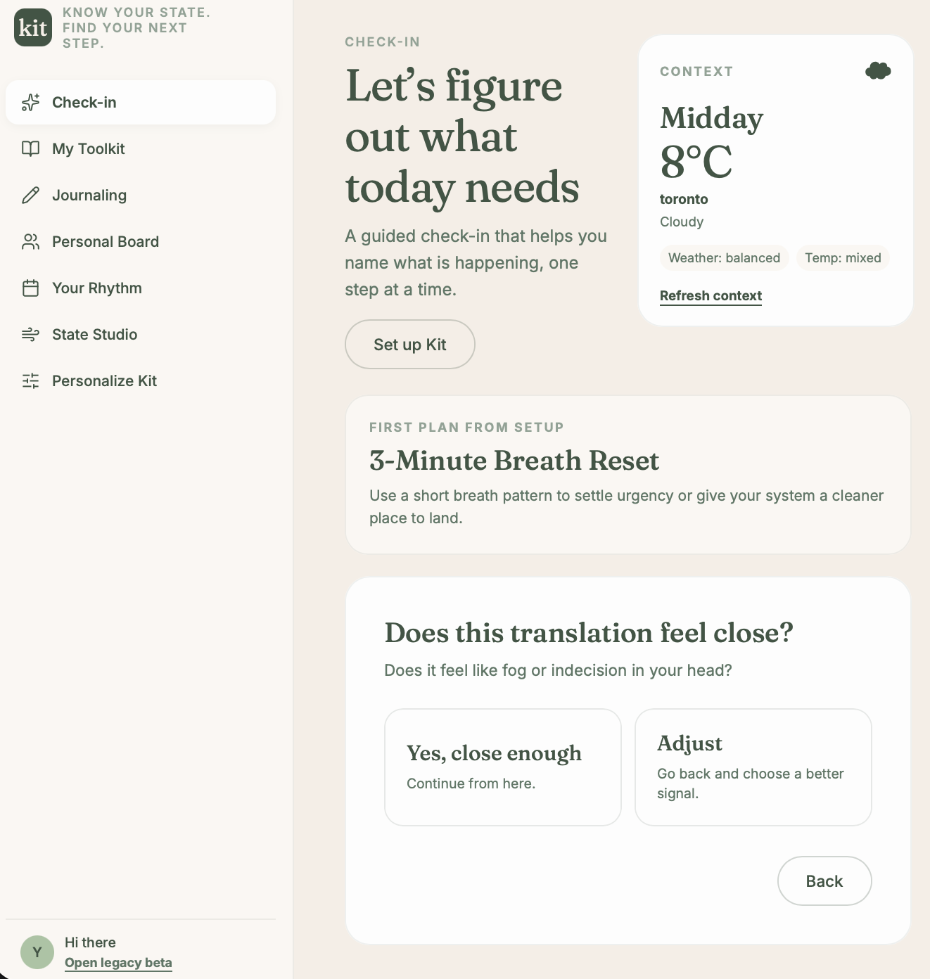 Kit app showing the check-in screen — 'Let's figure out what today needs' — with a context card, a first plan suggestion, and the full navigation sidebar
